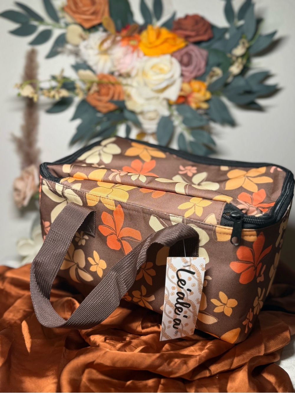 Floral Travel Cooler Tote in Brown - Made in Hawaii Lunch Cooler Bag